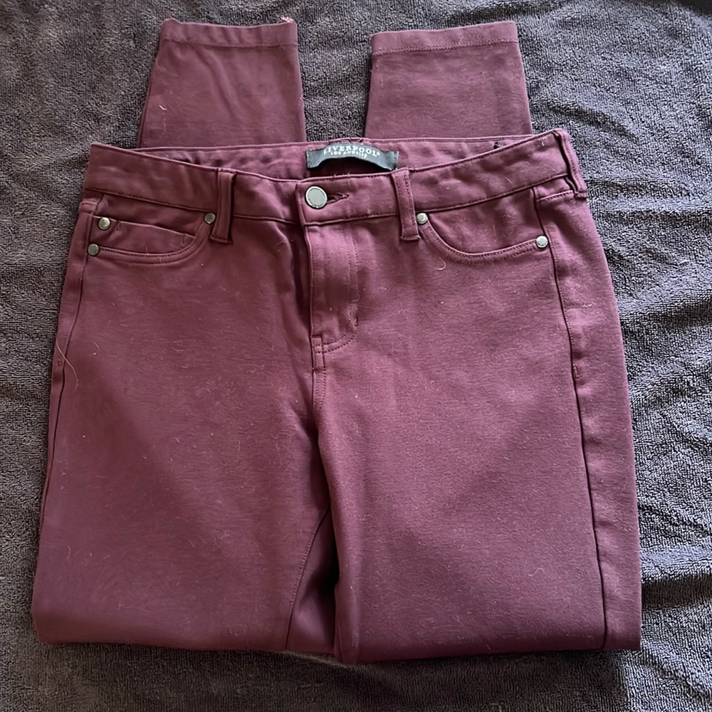 Skinny purple dress pants.